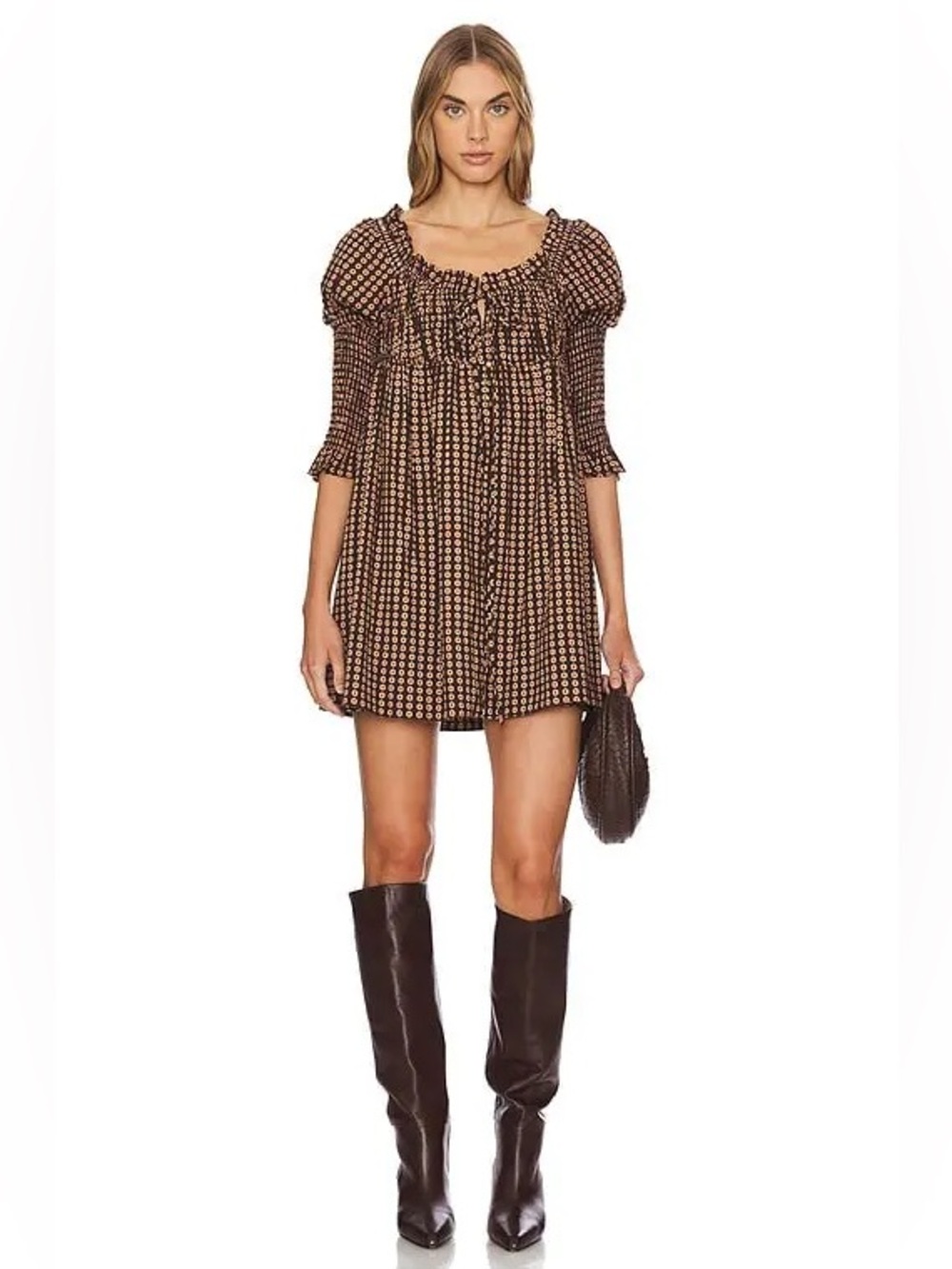 New FREE PEOPLE Star Dip Mini Boho 3/4 Sleeve Dress in Black Brown Size M